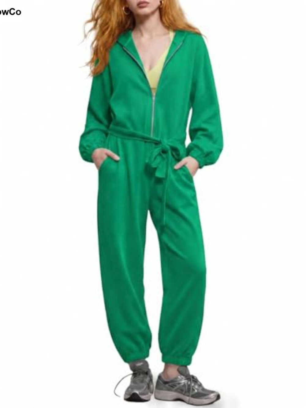 Long Sleeve Jumpsuit with Tie Waist Half Zip Hooded Jogger One Piece